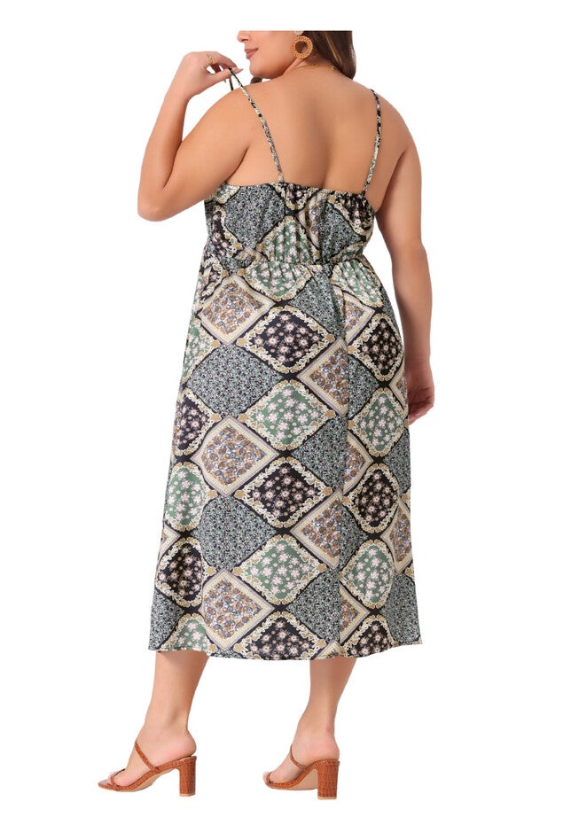 Bohemian Sleeveless Spaghetti Strap Midi Summer Dress, Green Brown / Brown, alternate image number 3