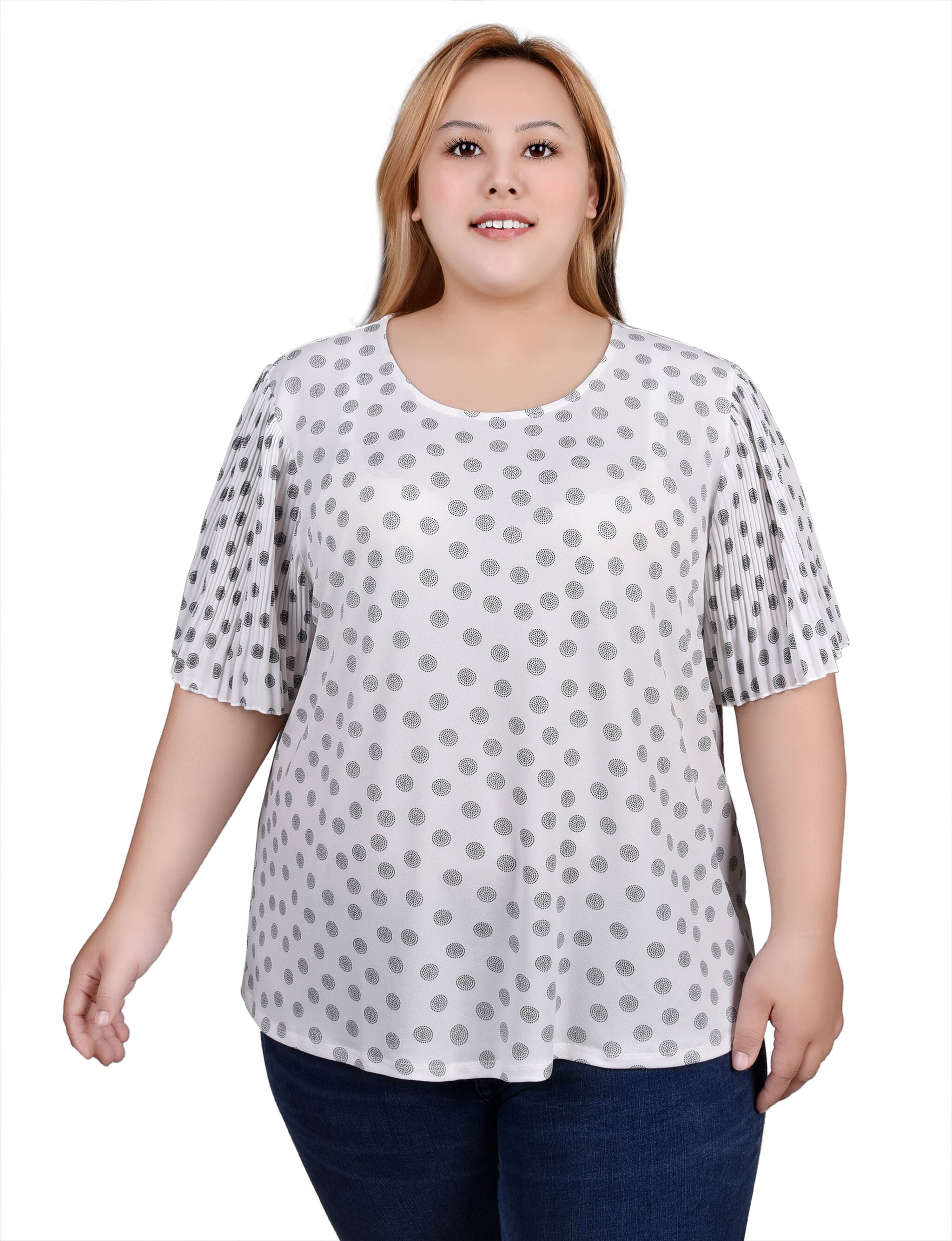 Pleated-Sleeve Top, White Black Dotcircl / white, hi-res image number 0