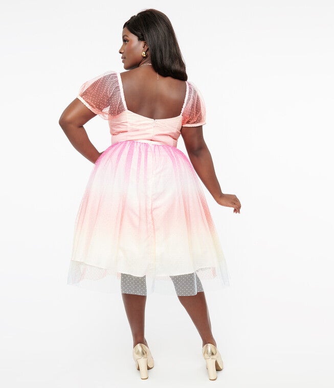 Unique Vintage 1950s Pastel Rainbow Ombre Clip Dot Tulle Sweetheart Fit & Flare Dress, Pastel Rainbow / Pink, alternate image number 2