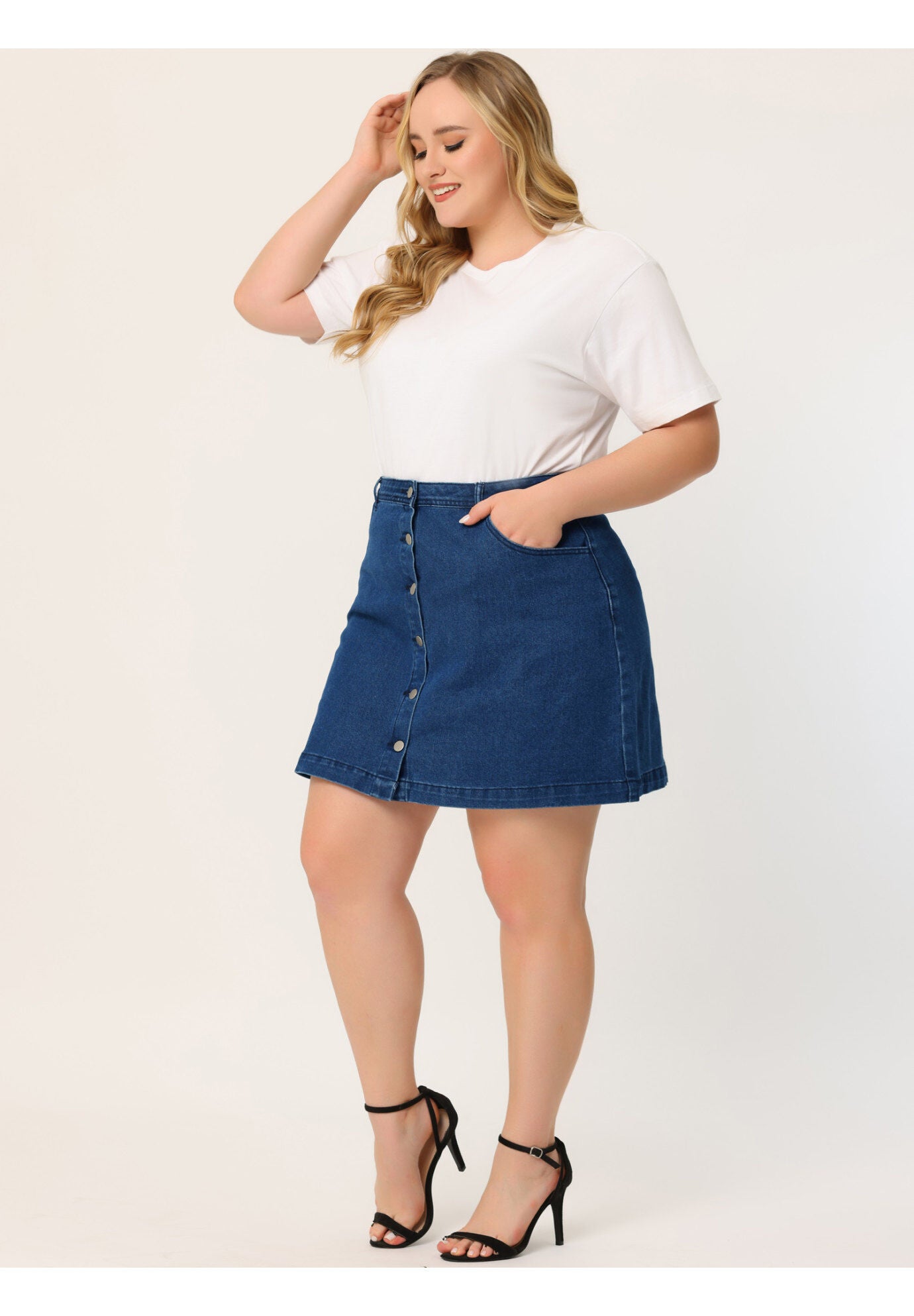 BUTTON SIDE POCKET A LINE JEAN MINI DENIM SKIRT, Navy Blue / Navy, alternate image number 1