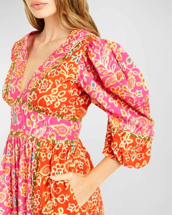 ELISE PUFF SLEEVES MIDI DRESS IN ALESSANDRA PINK PRINT, , alternate image number null