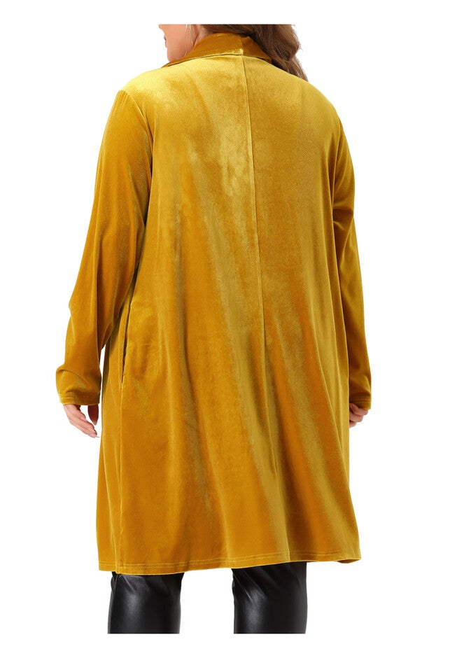 OPEN FRONT LIGHTWEIGHT LONG VELVET BLAZER CARDIGAN, Gold / Gold, alternate image number 3