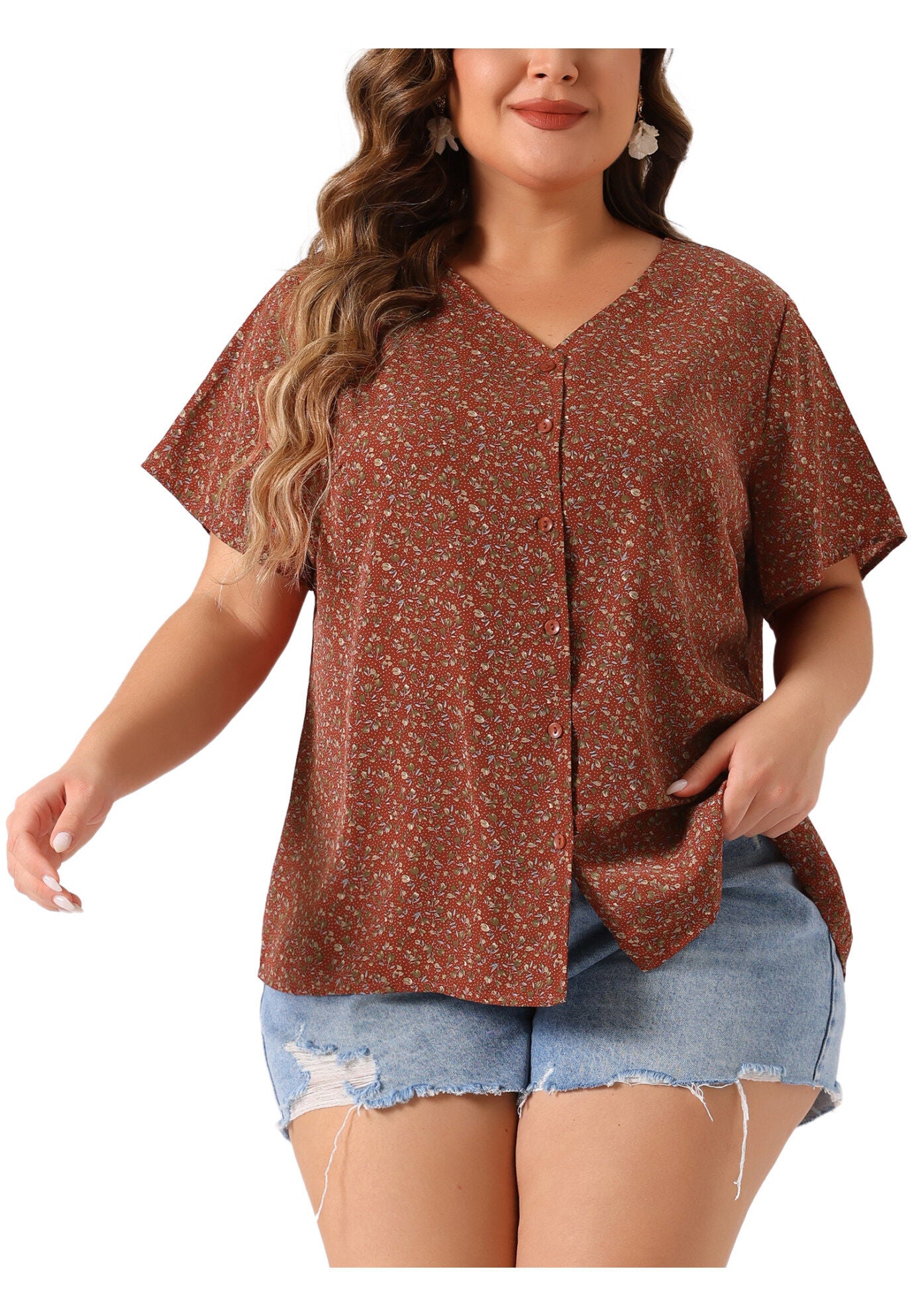 V Neck Button Short Sleeve Floral Blouse, Red / Red, alternate image number 3