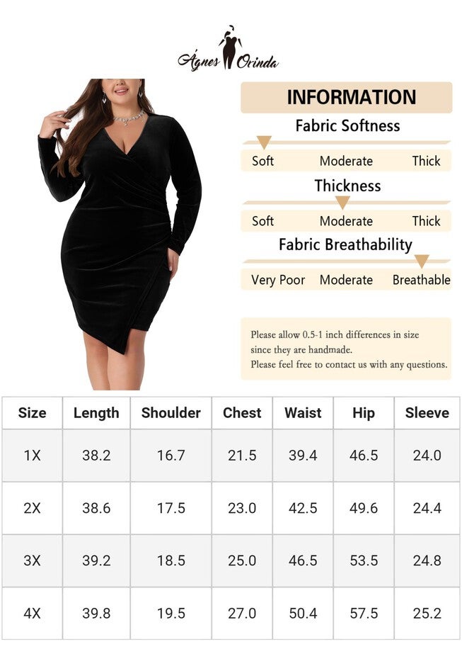 Long Sleeve Velvet Bodycon Wrap V Neck Ruched Cocktail Dress, Black / Black, alternate image number 4