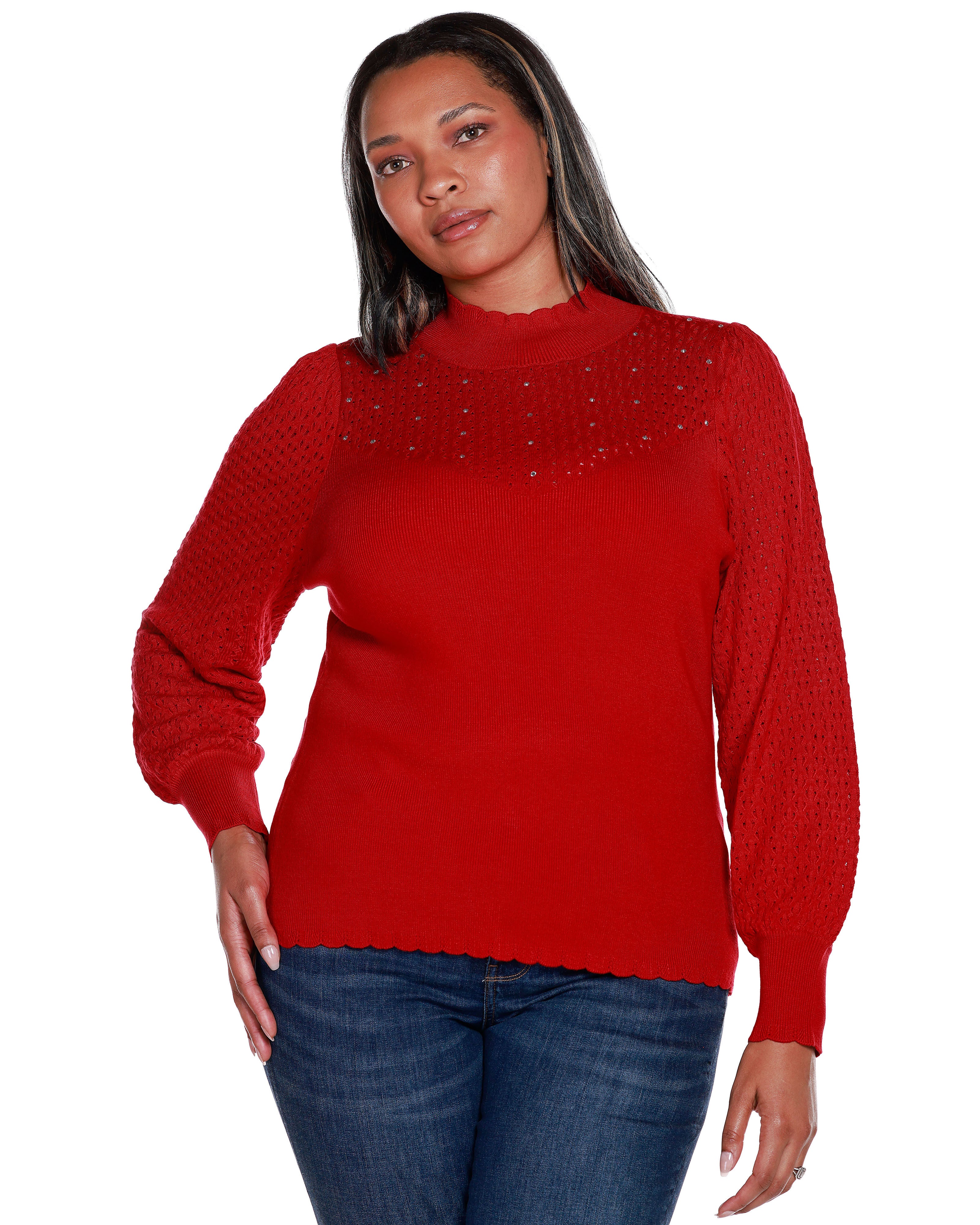 POINTELLE AND RHINESTONE DETAIL SWEATER, Belldini Red / Red, hi-res image number 0