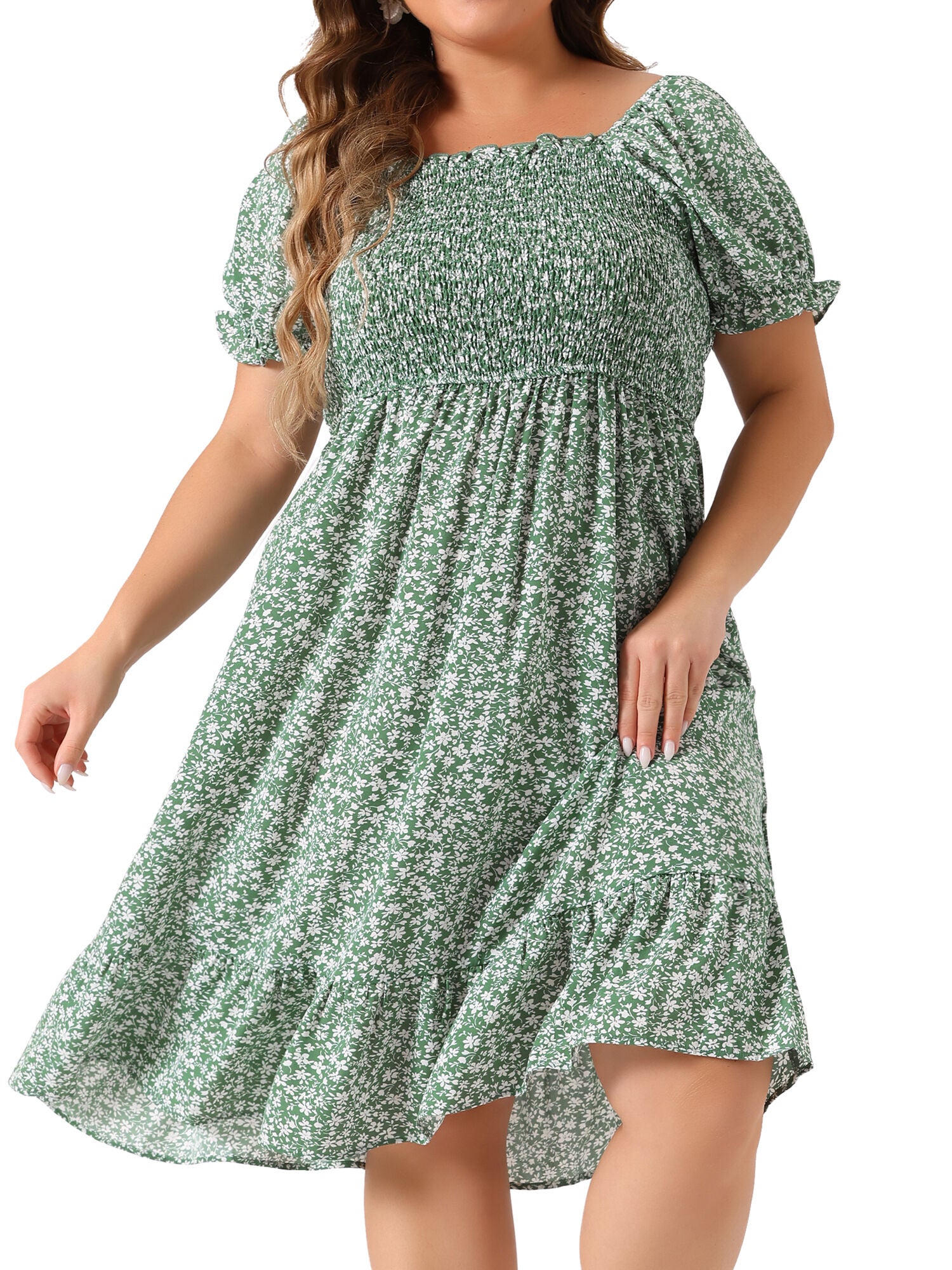 Ruffle Short Sleeve Flared Flowy Smock Floral Print Dress, Green / Sage Green, alternate image number 1