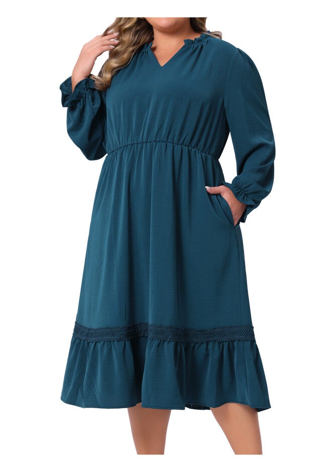Ruffle V Neck Midi A-Line Layered Fall Dress, Peacock Blue / Teal, alternate image number 4