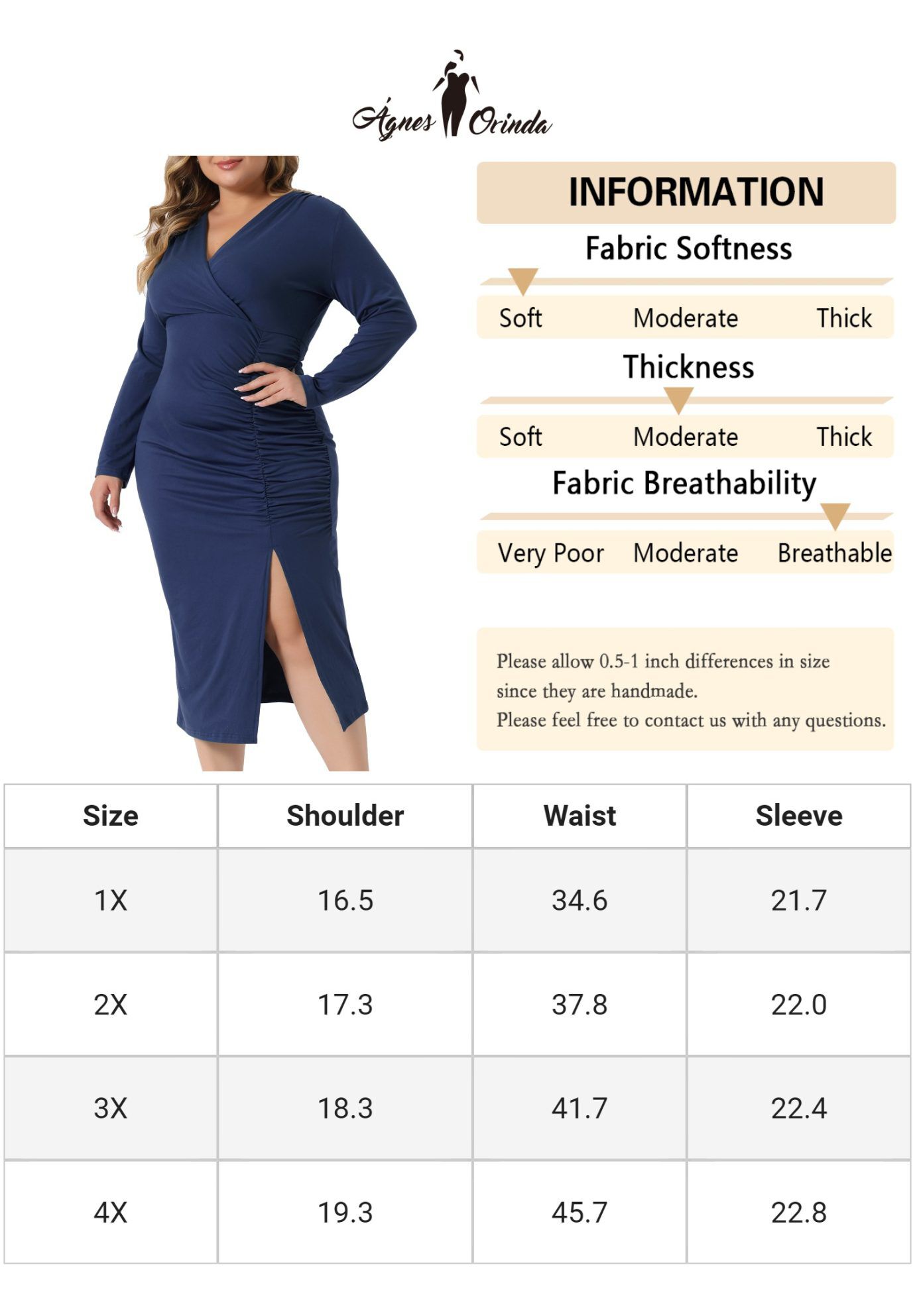 Long Sleeve Deep V Neck Ruched Slit Wedding Cocktail Bodycon Dress, Navy Blue / Navy, alternate image number 4