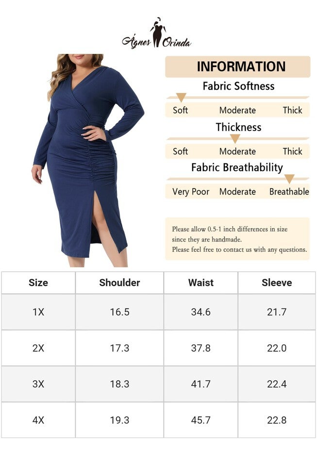 Long Sleeve Deep V Neck Ruched Slit Wedding Cocktail Bodycon Dress, Navy Blue / Navy, alternate image number 4