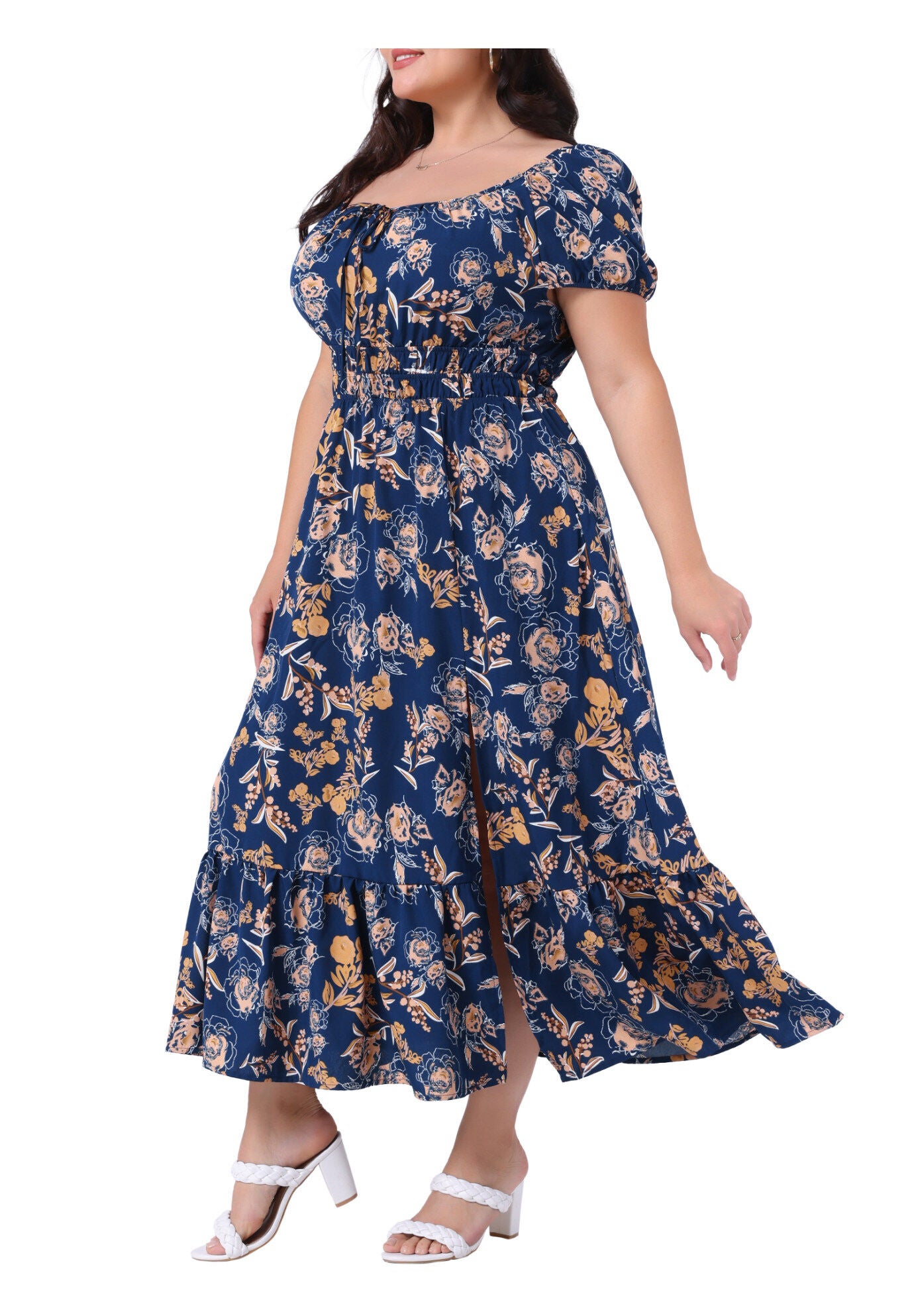 Square Neck Floral Short Sleeve Side Slit A Line Maxi Floral Dress, Navy Blue / Navy, alternate image number 1