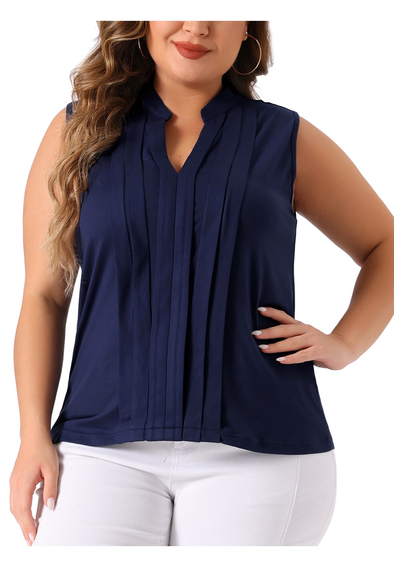 V Neck Sleeveless Pleated Summer Blouse Vest, Navy Blue / Navy, alternate image number 2