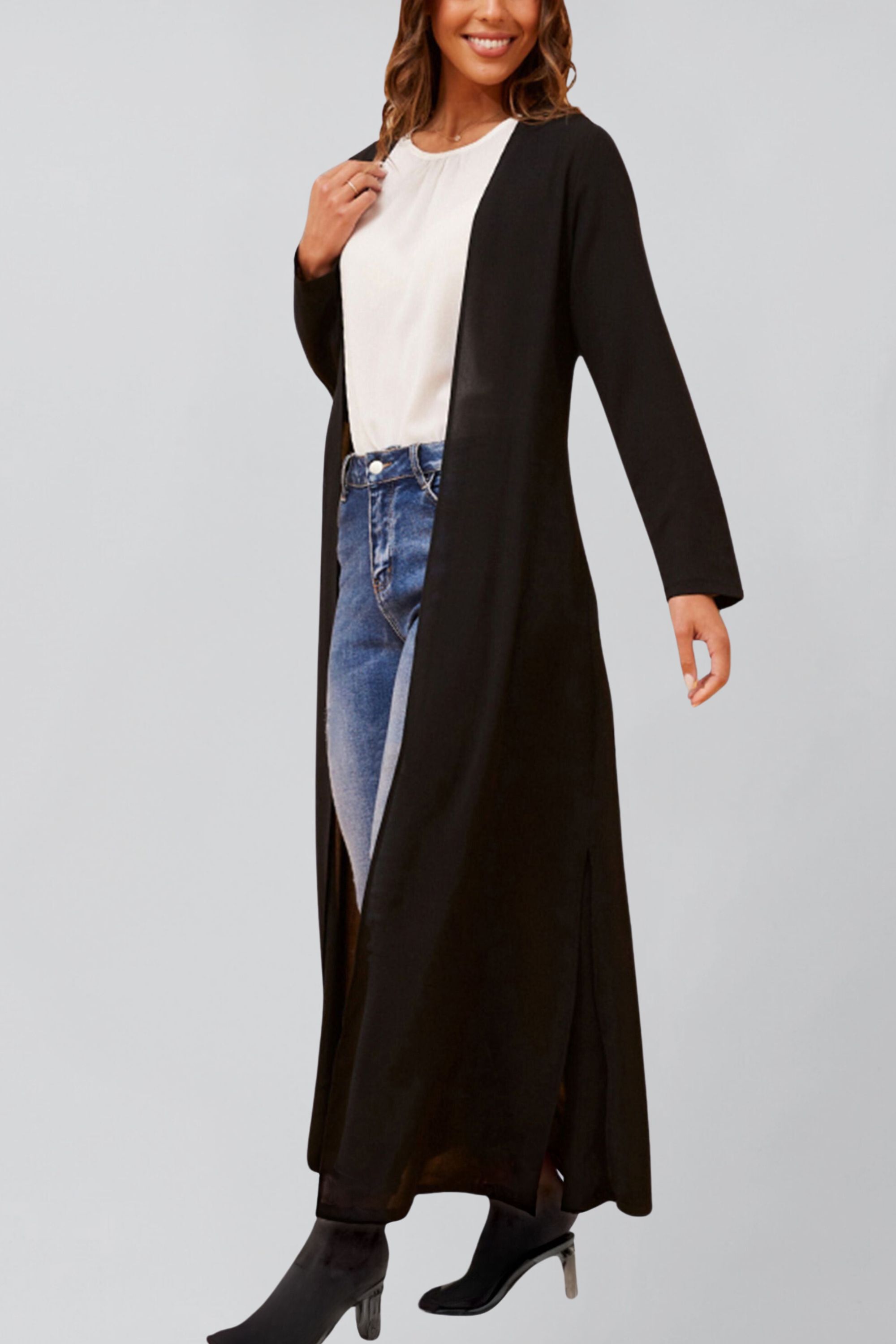 Fanny Long Woven Cover-Up Maxi Cardigan Open Tie Front, Black / Black, alternate image number 1