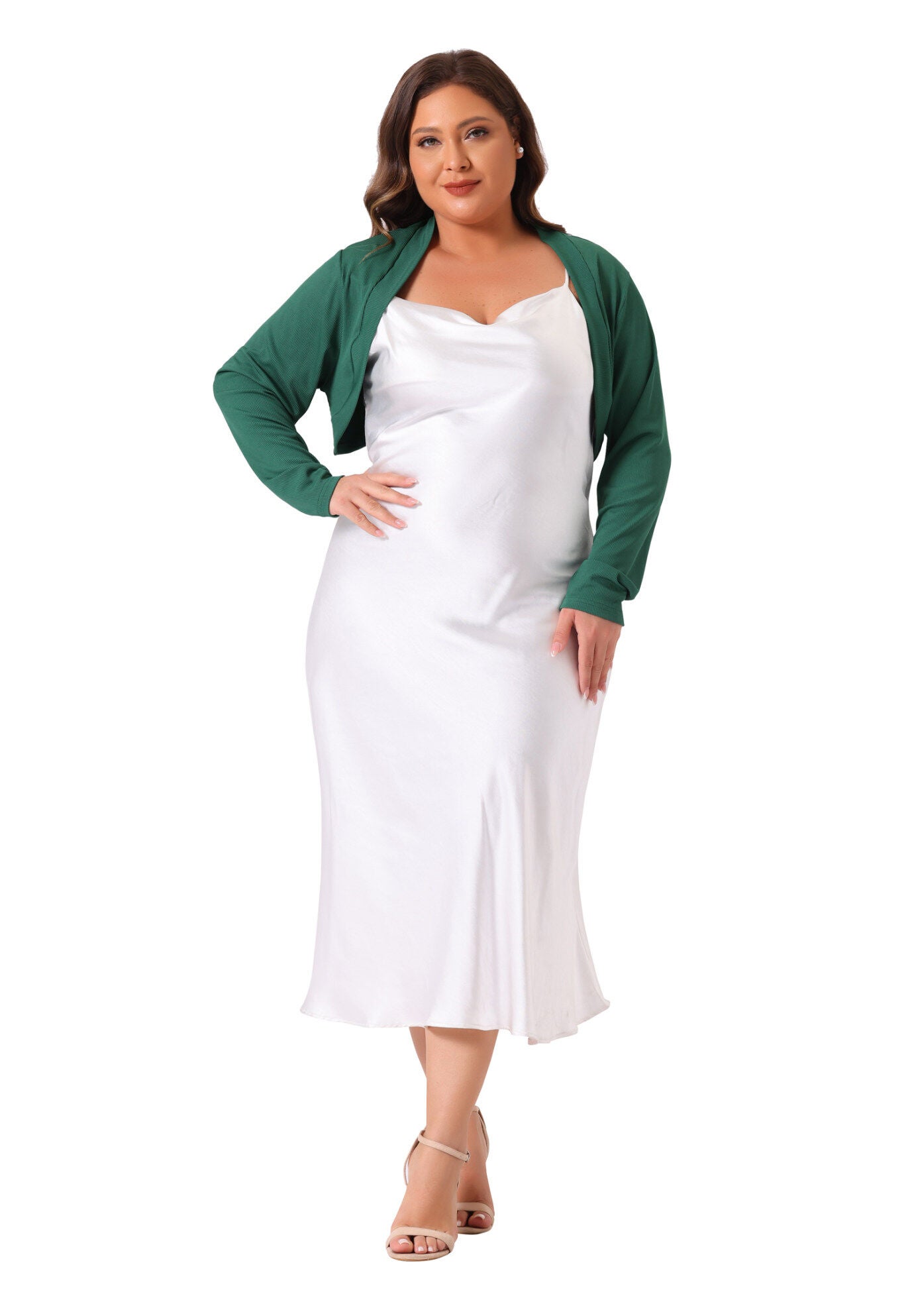 CROPPED LONG SLEEVE OPEN FRONT BOLERO SHRUG, Dark Green / Forest Green, hi-res image number 0