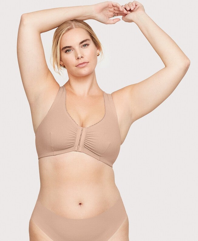 Front-Closure Cotton T-Back Comfort Bra, Cafe / Tan, alternate image number 2
