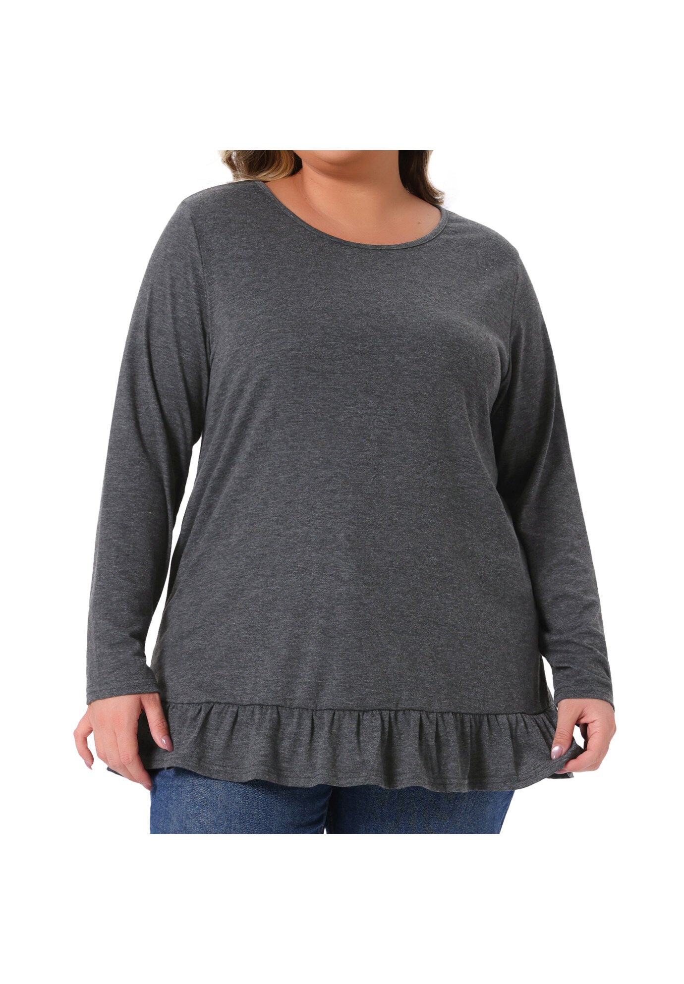 Crew Neck Ruffled Hem Flowy Blouses with Pockets, Dark Gray / Charcoal Grey, alternate image number 2