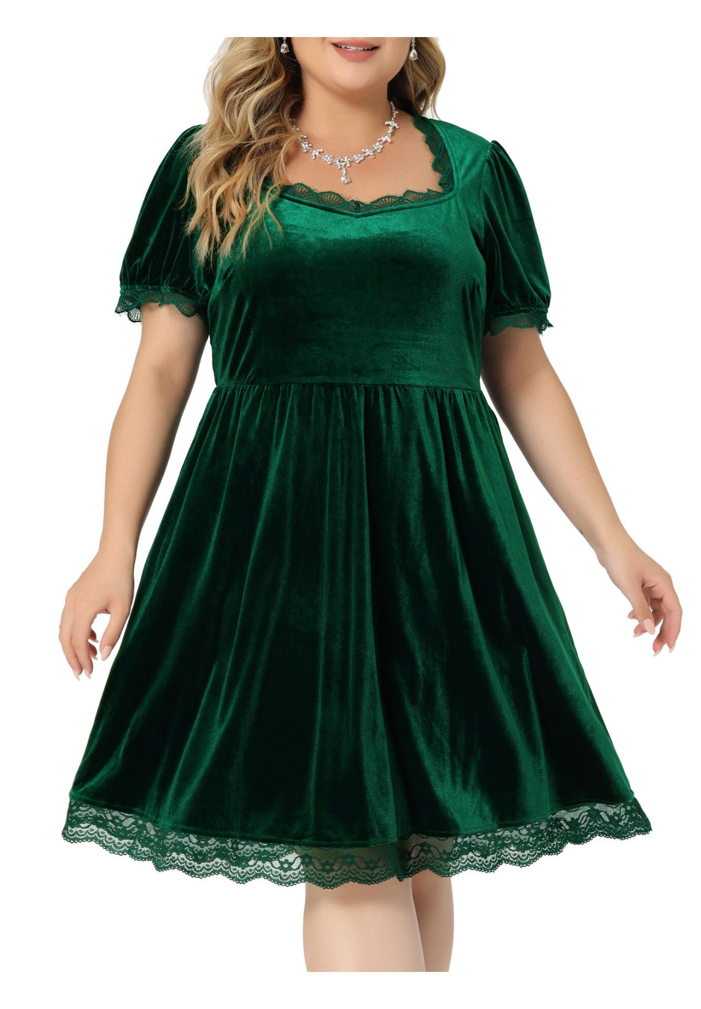 VELVET LACE TRIM SHORT SLEEVE DRESS, Green / Hunter Green, alternate image number 2