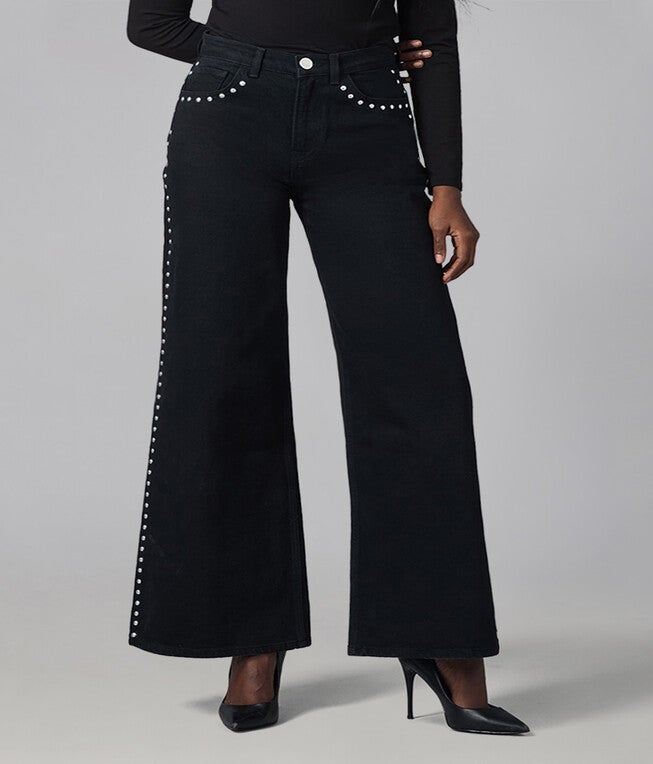 MILAN-SB High Rise Wide Leg Jeans, Studded Black / Black, hi-res image number 0