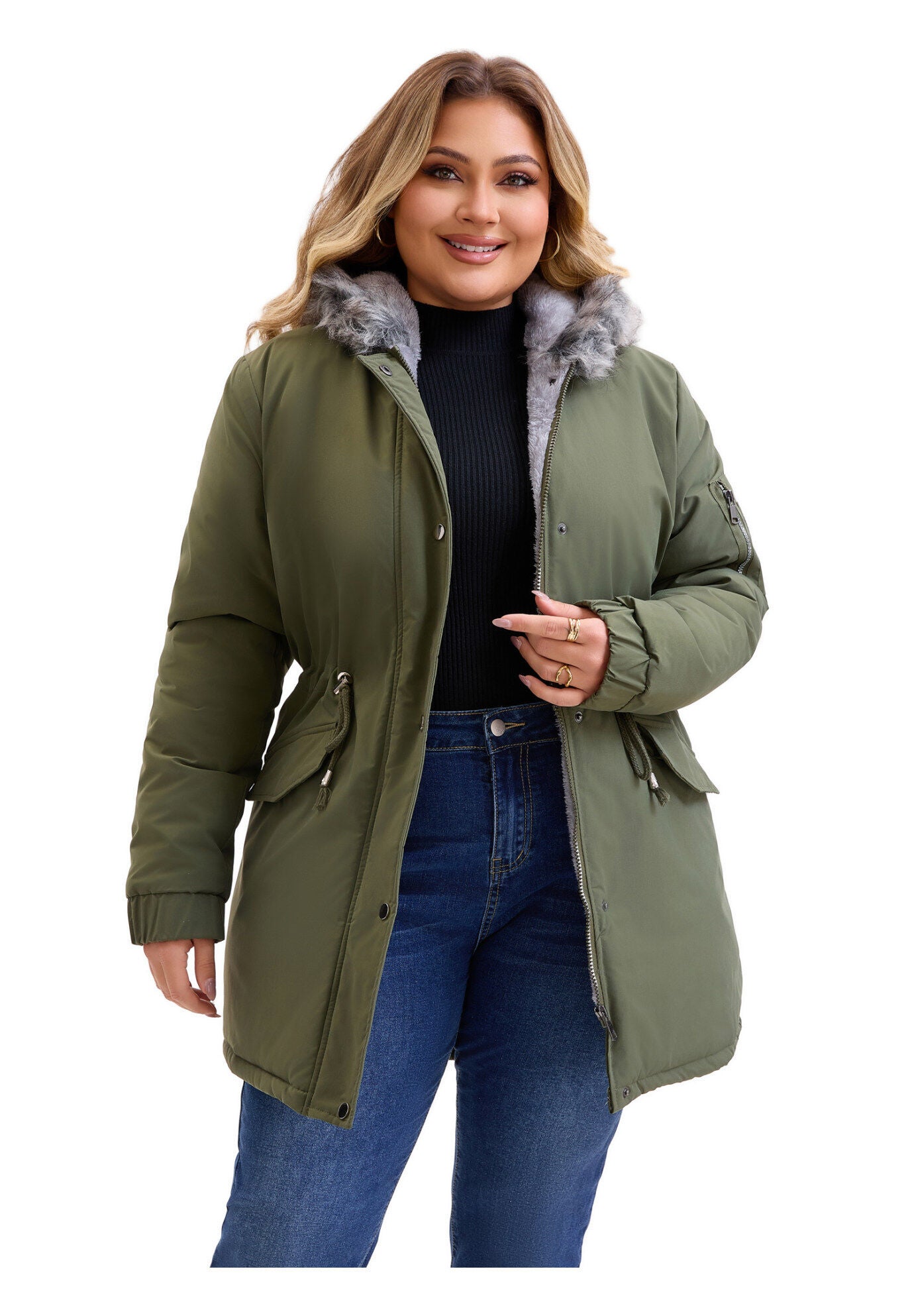 Drawstring Waist Fleece Winter Coat with Pockets, Army Green / Olive Green, alternate image number 2