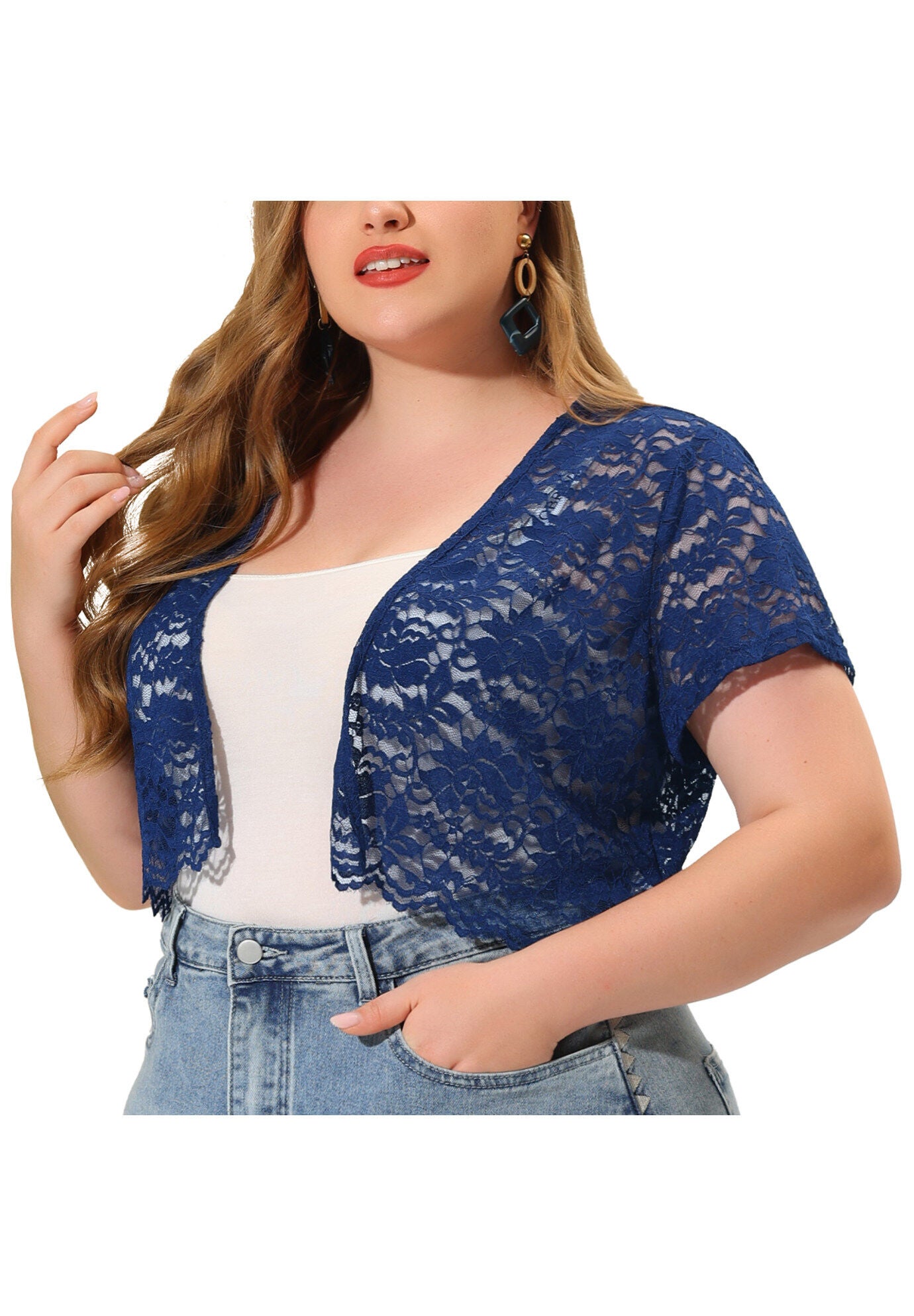 OPEN FRONT SHORT SLEEVE CROCHET LACE CROPPED BOLERO SHRUG CARDIGAN, Navy / Navy, alternate image number 2