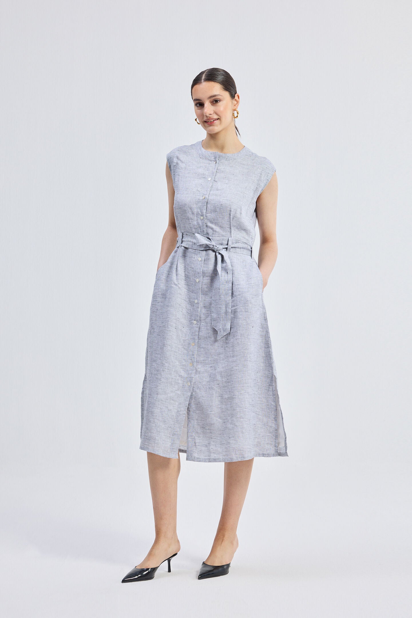 Back Cut Out Linen Dress, Pin striped Linen / Cool Gray, hi-res image number 0