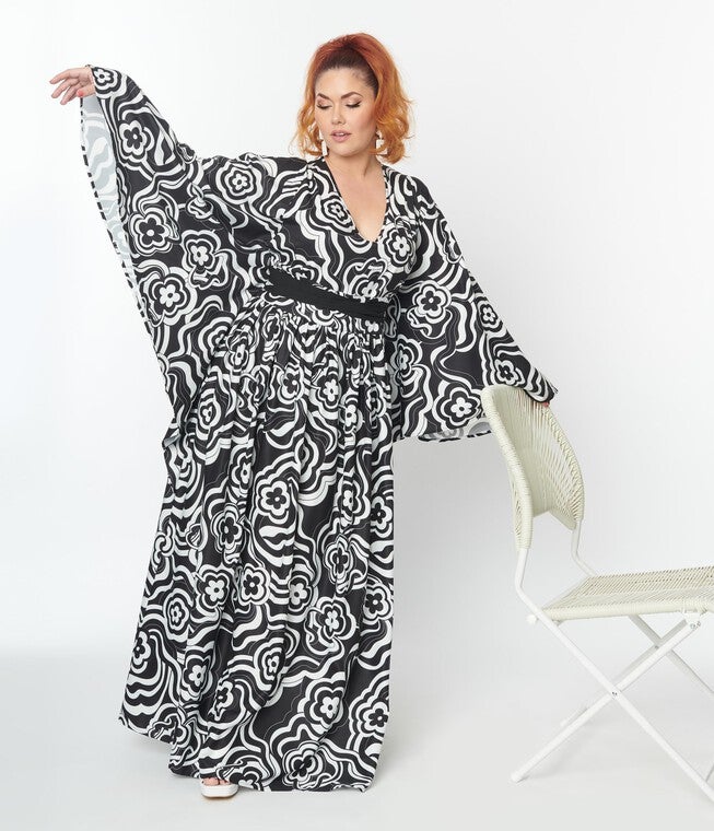 Smak Parlour Black Psychedelic Floral Belted Caftan, Black / Black, hi-res image number null