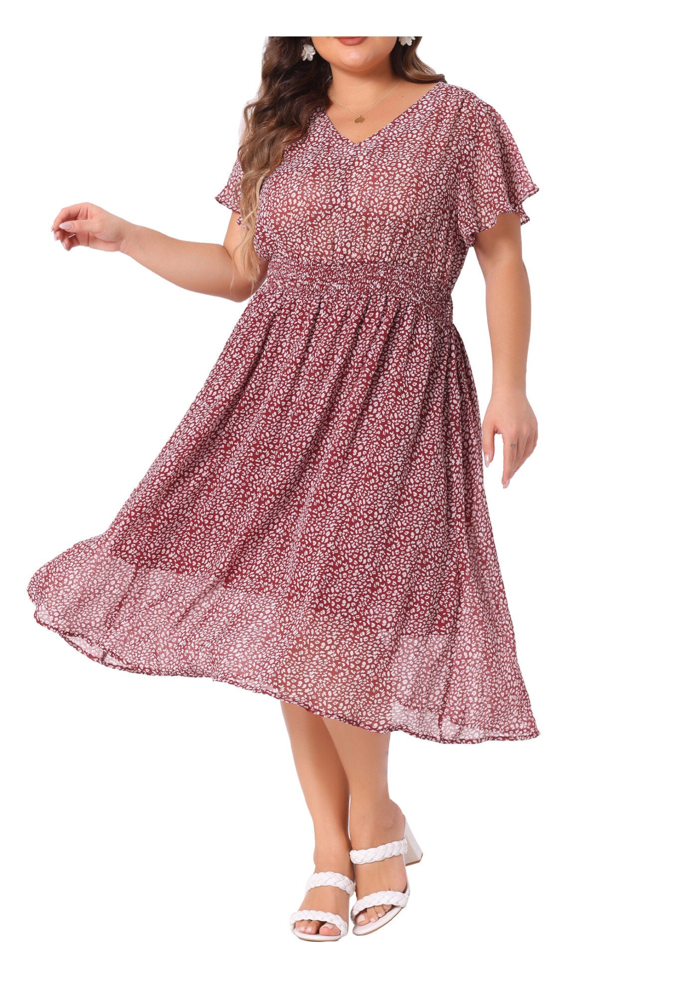 Summer Floral Print V Neck Smocked A-Line Flowy Midi Dress, Burgundy / Red, alternate image number 3