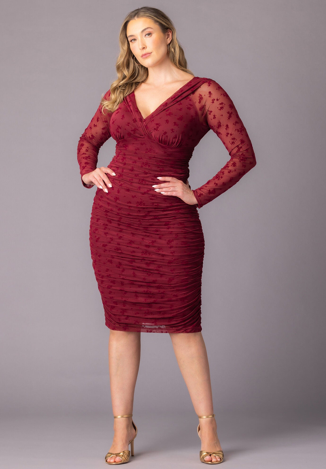 Betsey Ruched Dress, Burgundy Flocked Florals / Burgundy, alternate image number 4