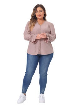 V Neck Ruffle Long Sleeve Eyelet Lace Crochet Hollow Blouse