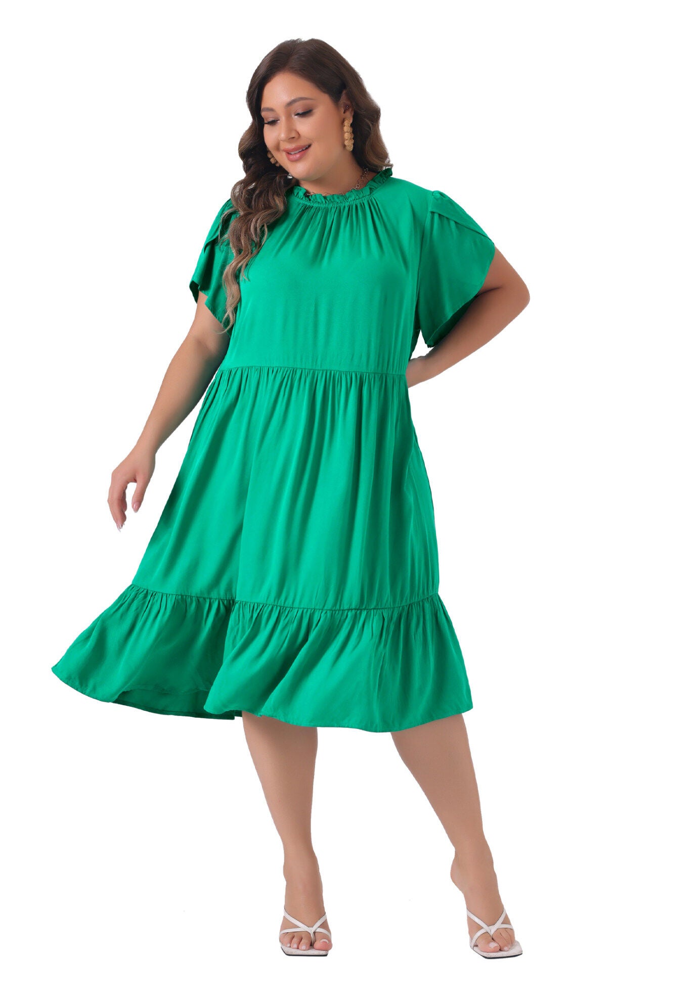 TIE BACK PETAL SLEEVE MOCK NECK RUFFLE HEM A-LINE SWING MIDI DRESS, Green / Kelly Green, hi-res image number 0