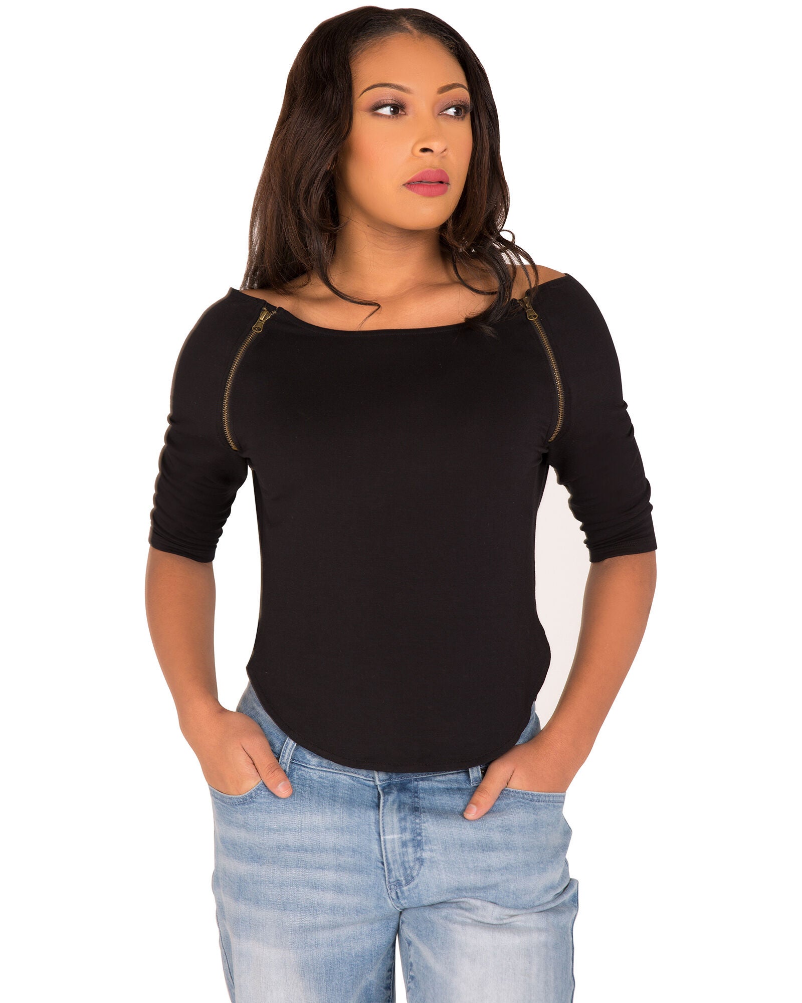 Plus Size Morgan Boatneck Shirt With Quarter-Sleeves And Zip Shoulders, Black / Black, hi-res image number 0
