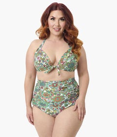 Unique Vintage Plus Size Green Kaleidoscope Monroe Halter Swim Top