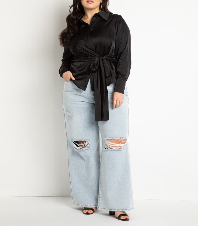 Wide Leg Distressed Jeans- Light Wash, Light Wash / Light Wash, alternate image number null