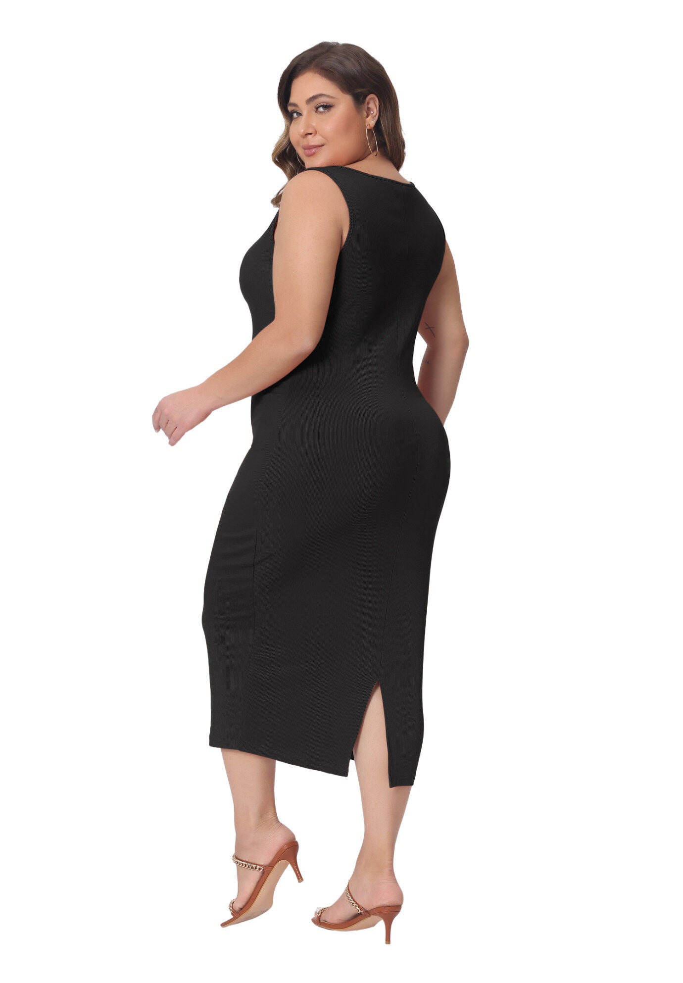SLEEVELESS SQUARE NECK BODYCON SUNDRESS MIDI TANK DRESS, Black / Black, hi-res image number 0