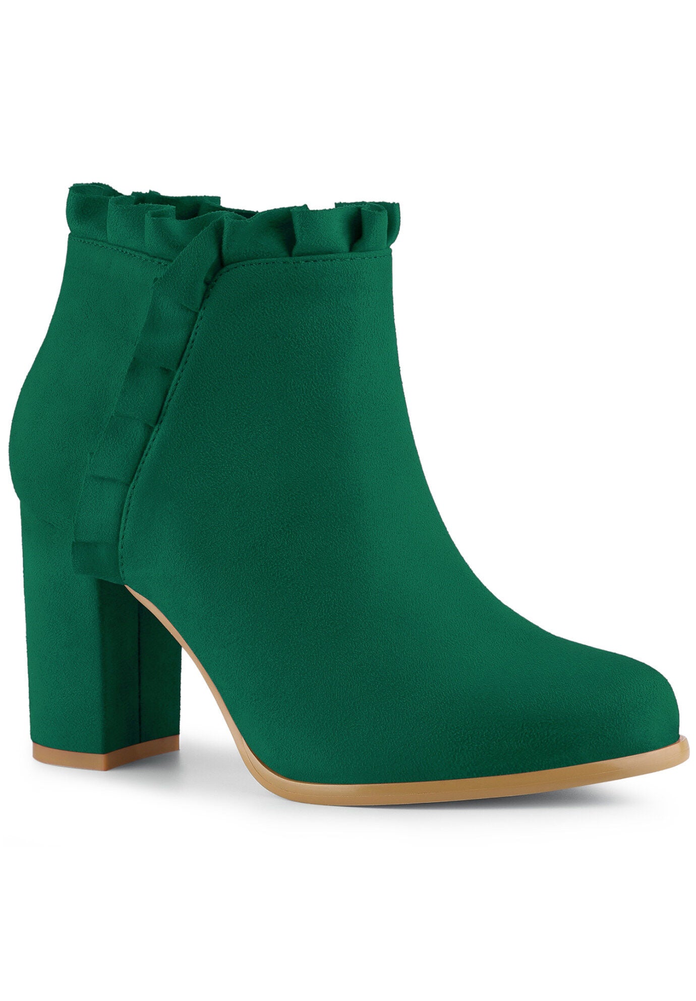 Ruffle Chunky Heel Booties Ankle Boots, Emerald Green / Forest Green, hi-res image number 0