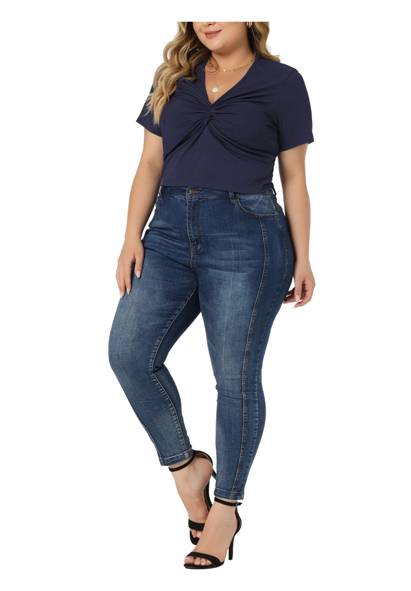 Twist Front V Neck Ribbed Short Sleeve T-Shirt Top, Navy Blue / Navy, alternate image number 1