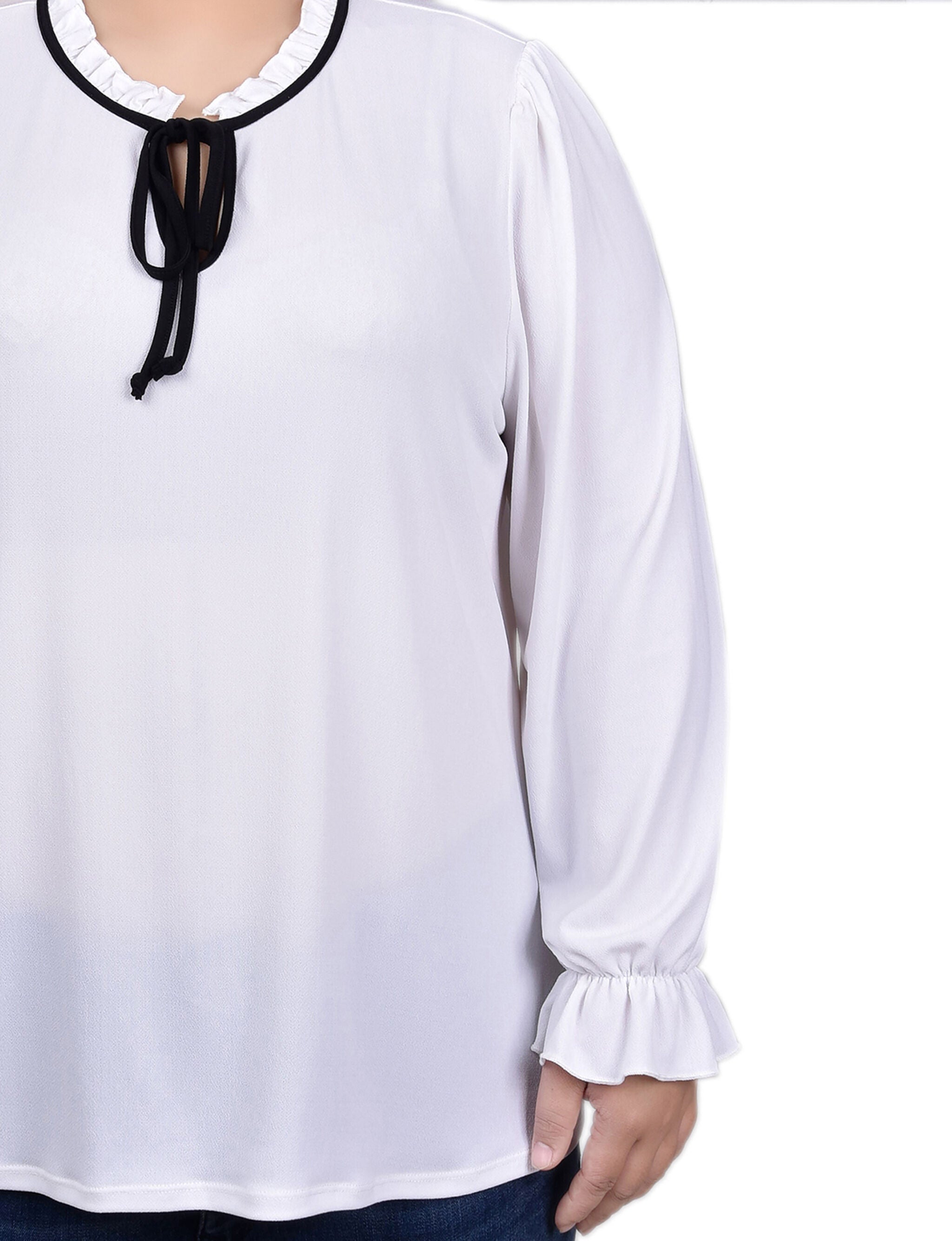 Long Sleeve Tie Neck Top, White Black / white, alternate image number 2
