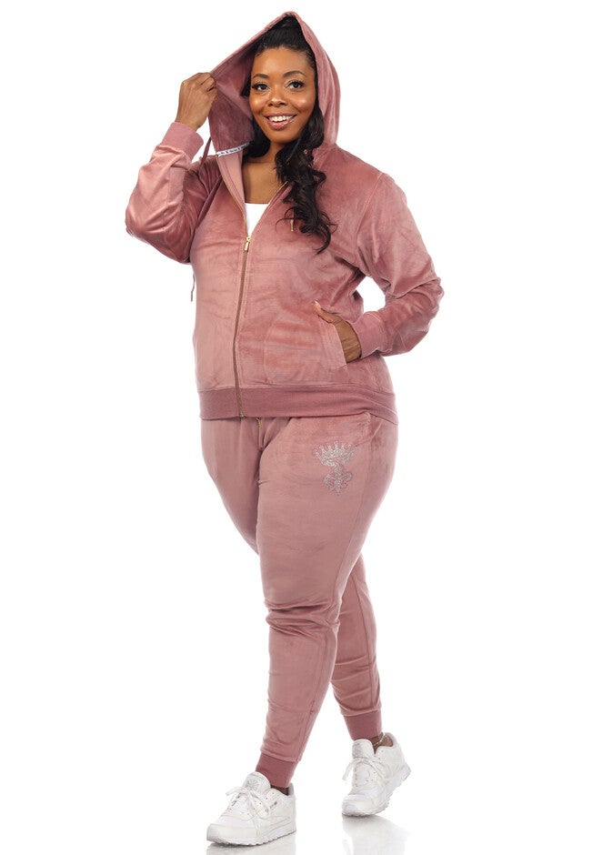 Rhinestone 2 Piece Velour Tracksuit Set, Pink / Pink, alternate image number 3