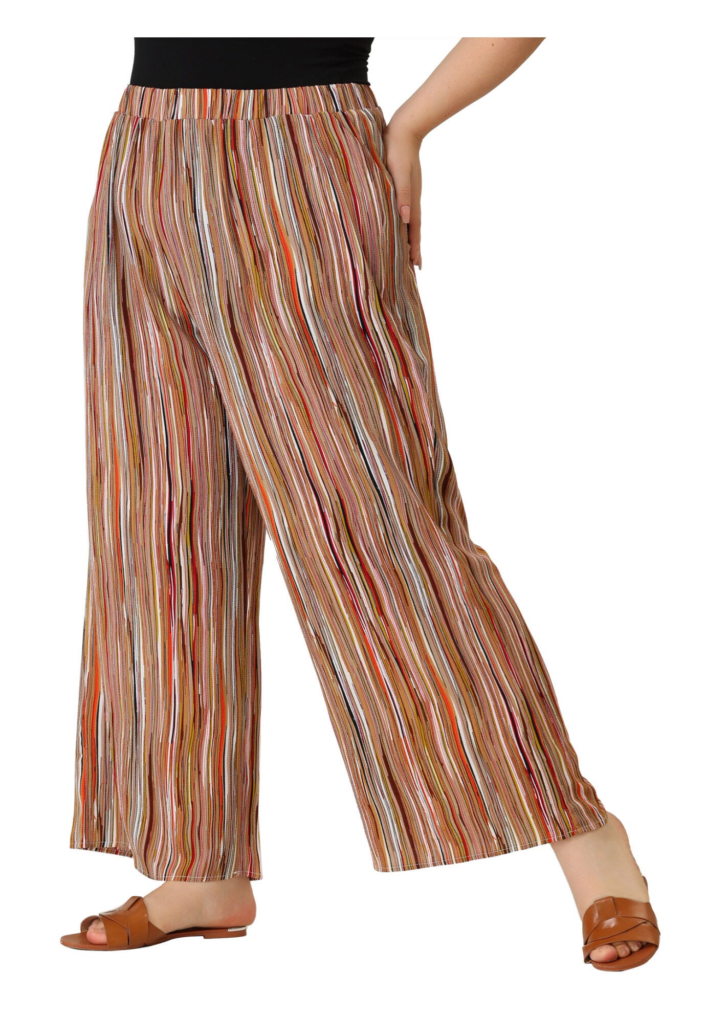 STRIPE BOHO WIDE LEG PAPER BAG PALAZZO PANTS, Brown / Brown, alternate image number 1