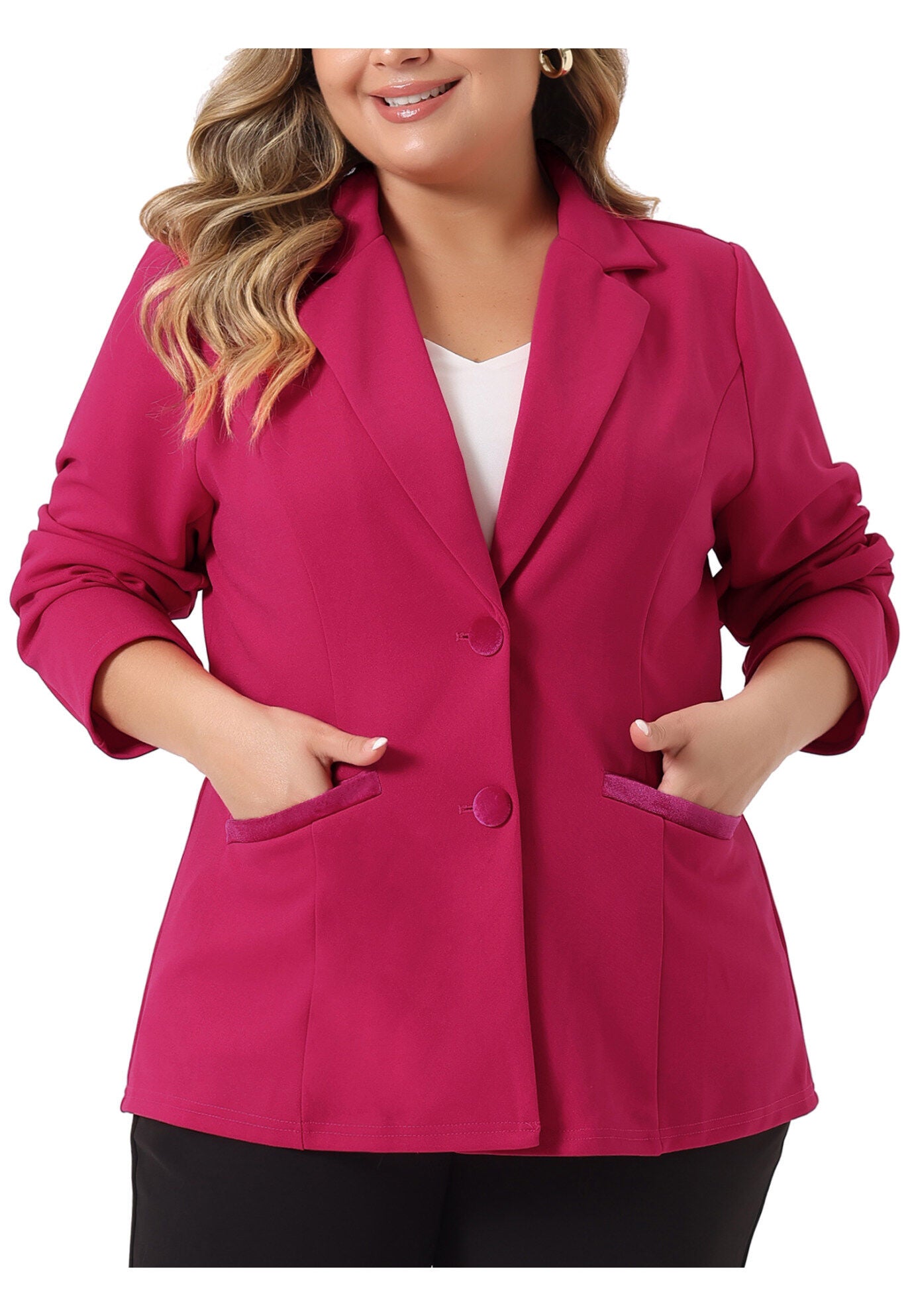 NOTCHED LAPEL V NECK WORK SUIT BLAZER, Hot Pink / Deep Fuchsia, alternate image number 2