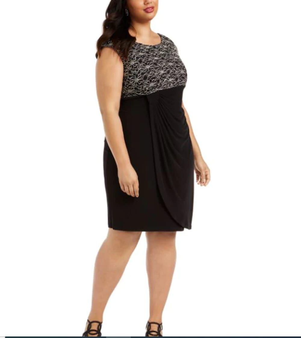 Connected Women's Plus Lace Top Sheath Dress Black 14W, Black / Black, hi-res image number 0