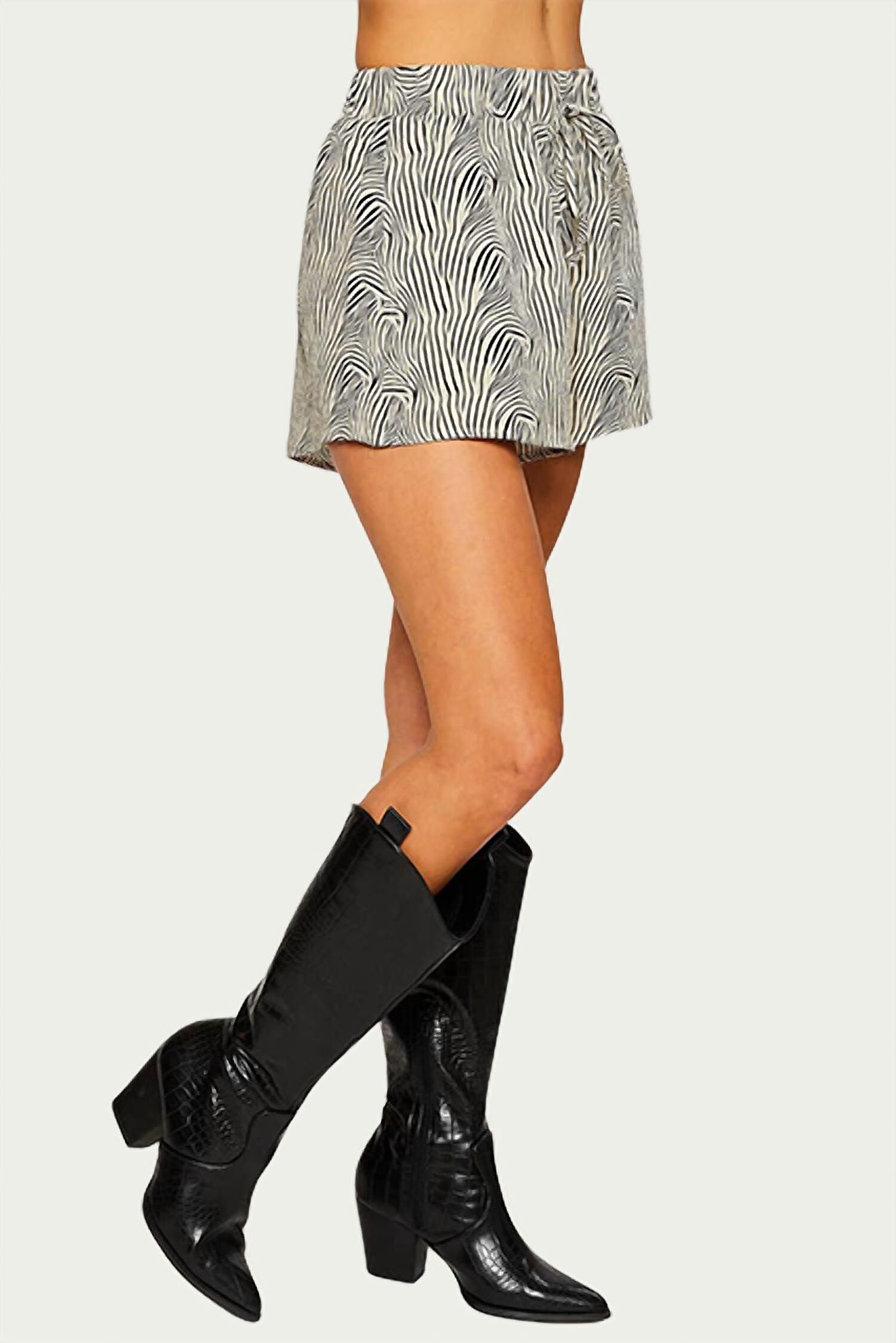 Zebra-Print Textured High-Waisted Shorts In Beige/Black, , alternate image number 2