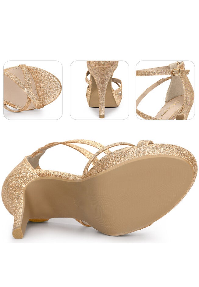 Platform Glitter Strappy Stiletto Heels Sandals, Gold / Gold, alternate image number null