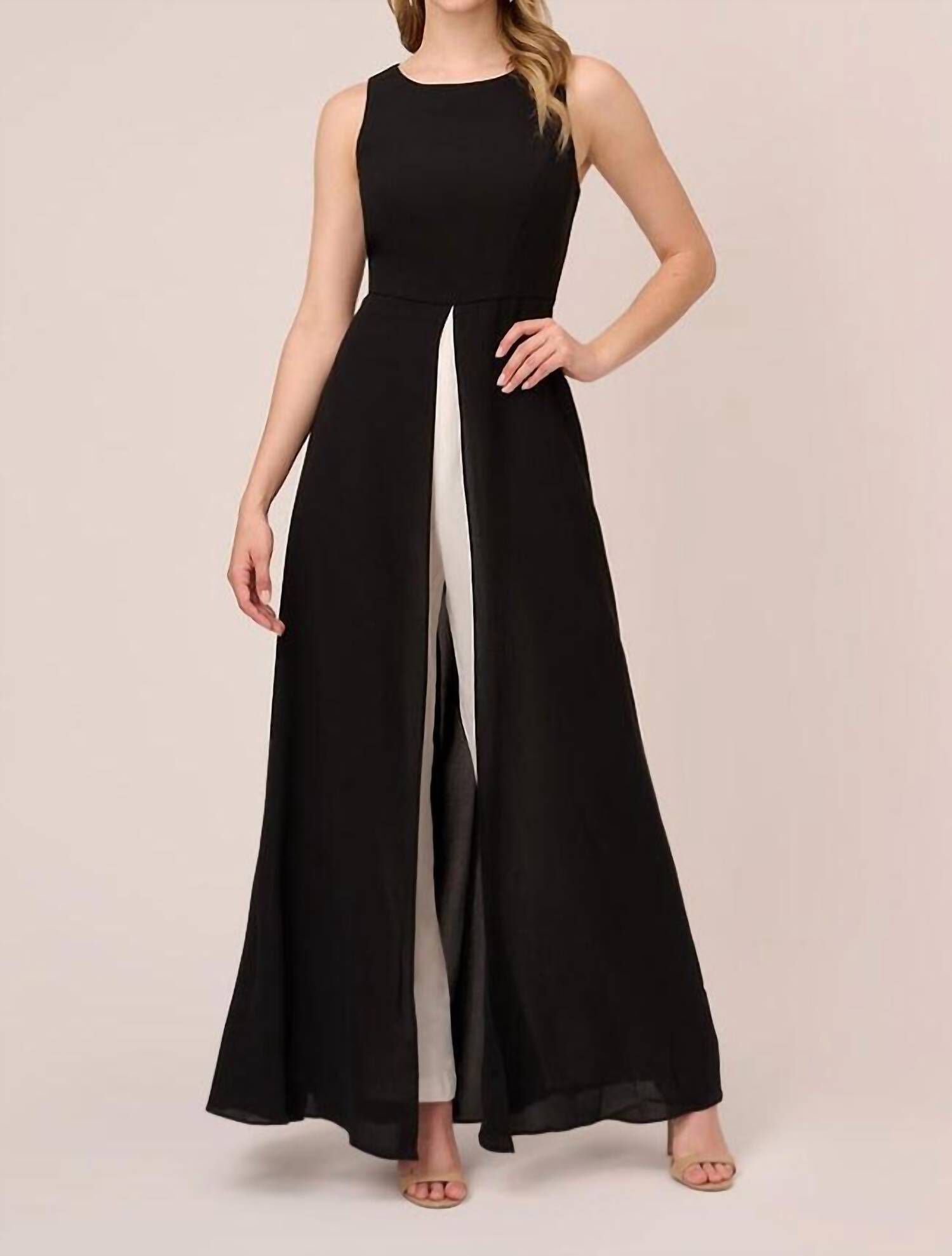 COLORBLOCK JUMPSUIT WITH SKIRT OVERLAY IN BLACK & IVORY, Black  Ivory / Black, hi-res image number 0