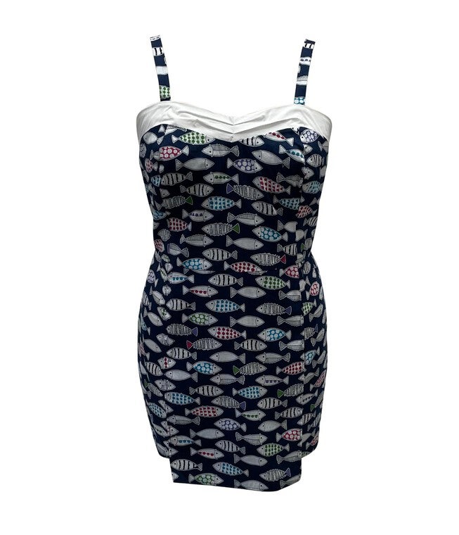 Unique Vintage Navy Fish Print Dolly Romper, Navy / Navy, hi-res image number null