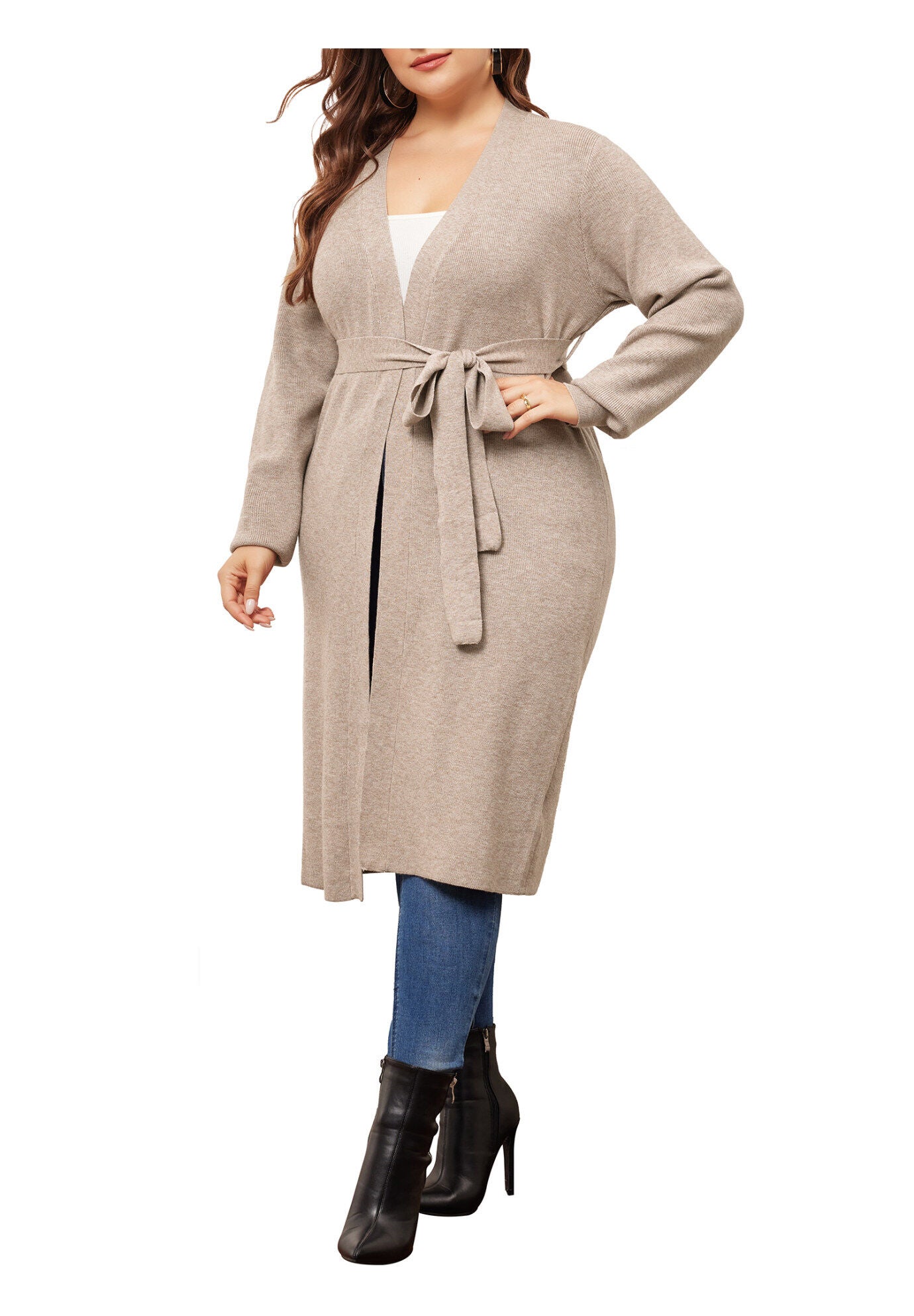 KNIT SWEATER BELTED OVERWEAR LONG CARDIGAN, Khaki / Beige, alternate image number 1