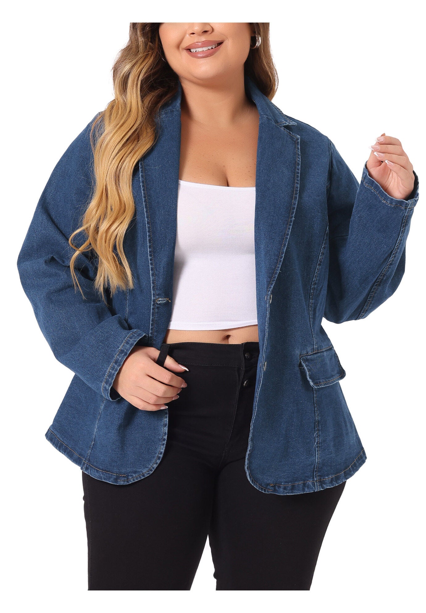 ELEGANT JEAN LAPEL BLAZER DENIM JACKET, Denim Blue / Chambray Denim Medium, alternate image number 1