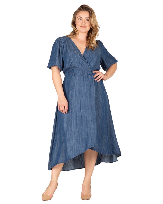 Lilly Women's Puff Sleeves High Low Tencel Dress, Blue Rinse / Navy, hi-res image number 0