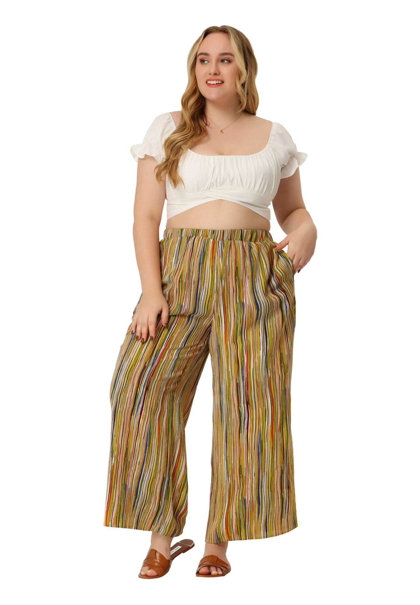 STRIPE BOHO WIDE LEG PAPER BAG PALAZZO PANTS, Yellow / Yellow, hi-res image number 0