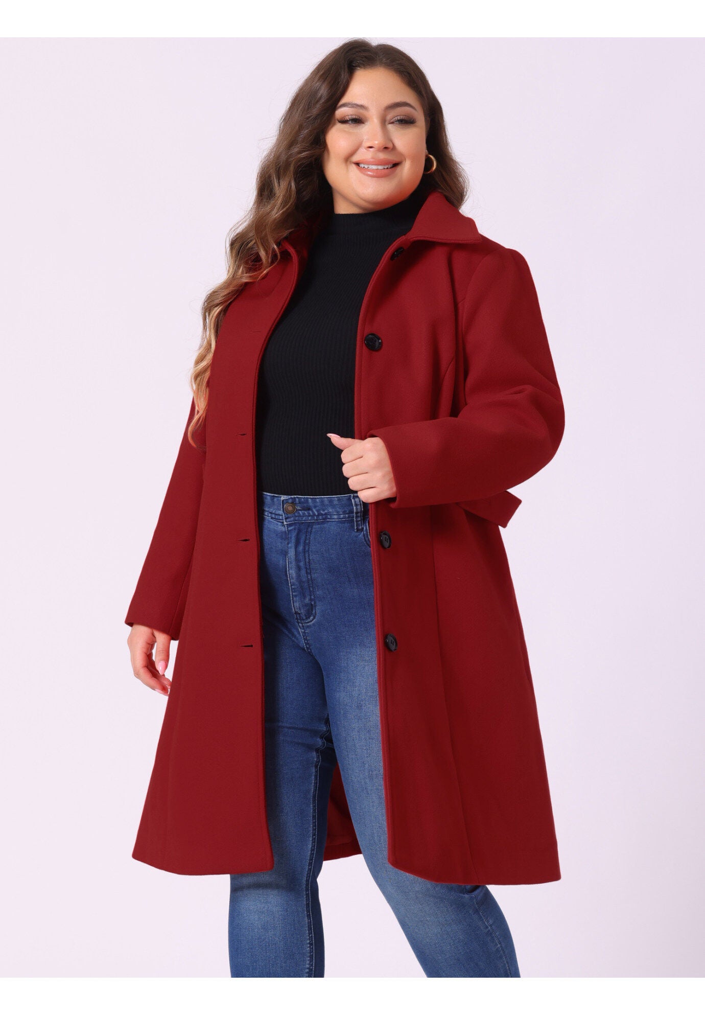 SINGLE BREASTED BELTED WINTER LONG COAT, Dark Red / Red, alternate image number 1