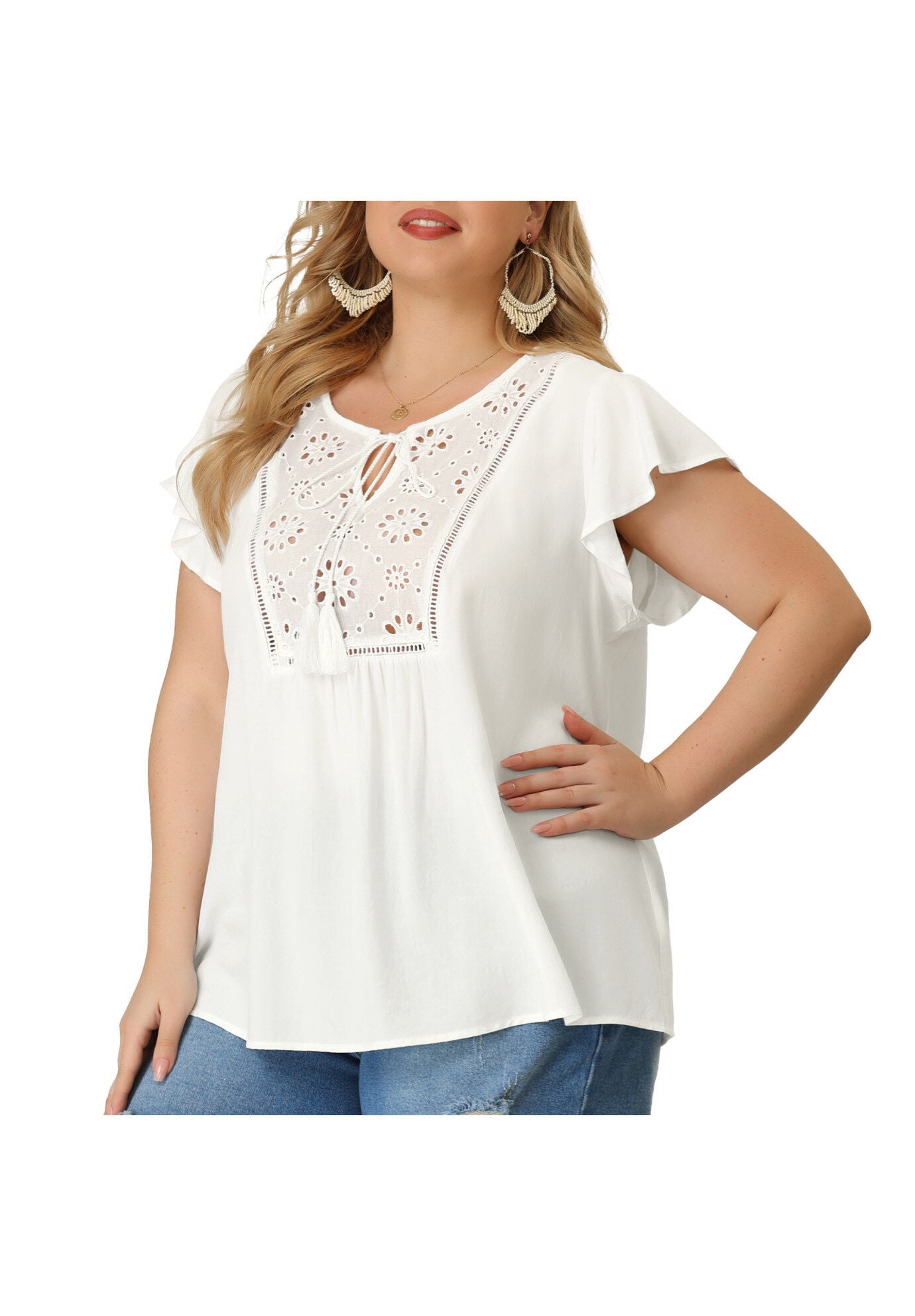 Ruffle Sleeve Peasant Tie Neck Boho Top Summer Blouse, White / White, alternate image number 2